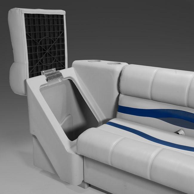 Plush, pillowed seat cushions with interior storage space under seats